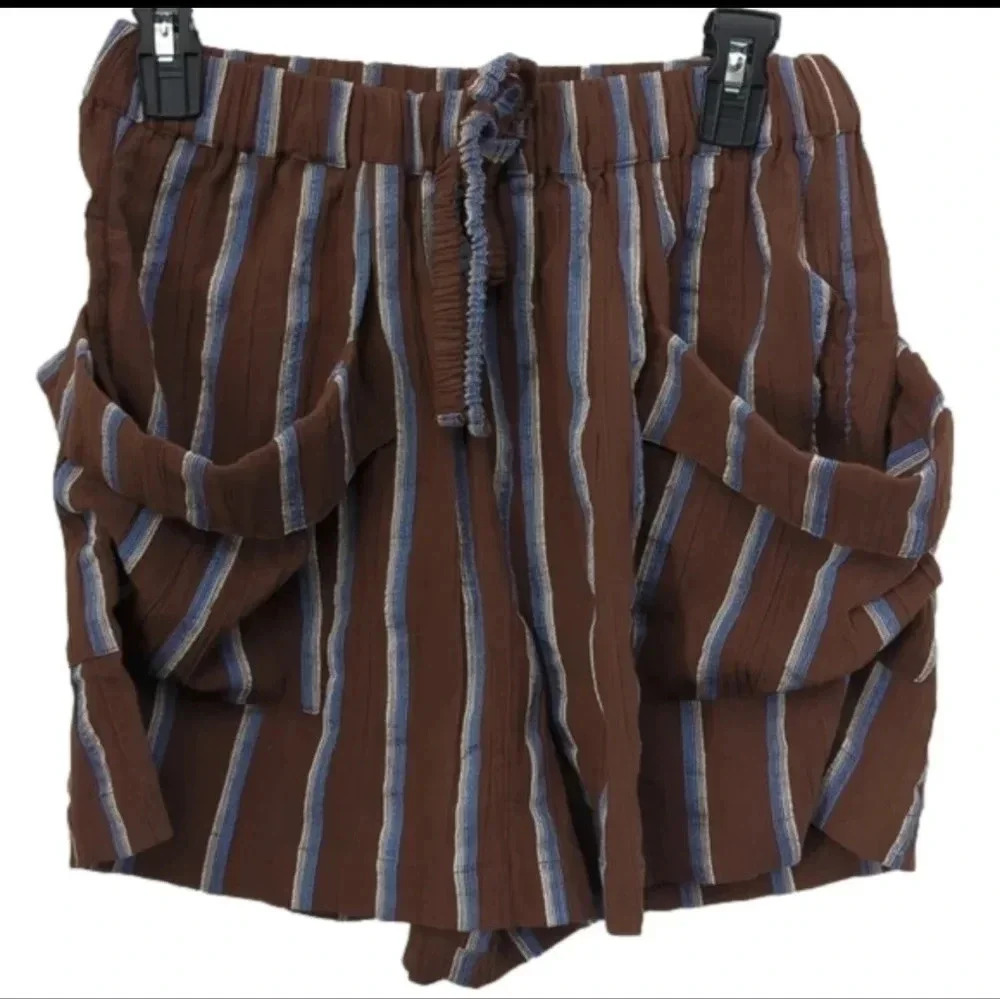 Free People Striped Shorts Brown Blue High Waisted Drawstring Pockets